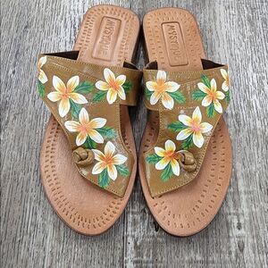 Mystique Hand Painted Flowers Leather Thong Sandals